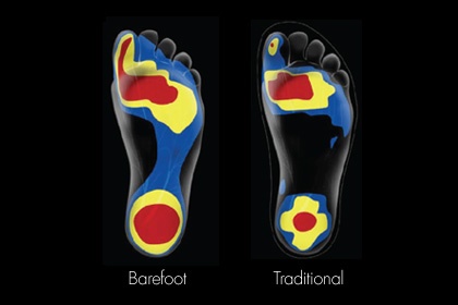 Áp lực phân bố lên bàn chân giữa chạy chân không (Barefoot) và giày bình thường (Traditional)
