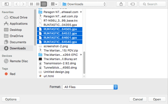 Chọn tất cả các file gpx đã lưu lại từ Runtastic