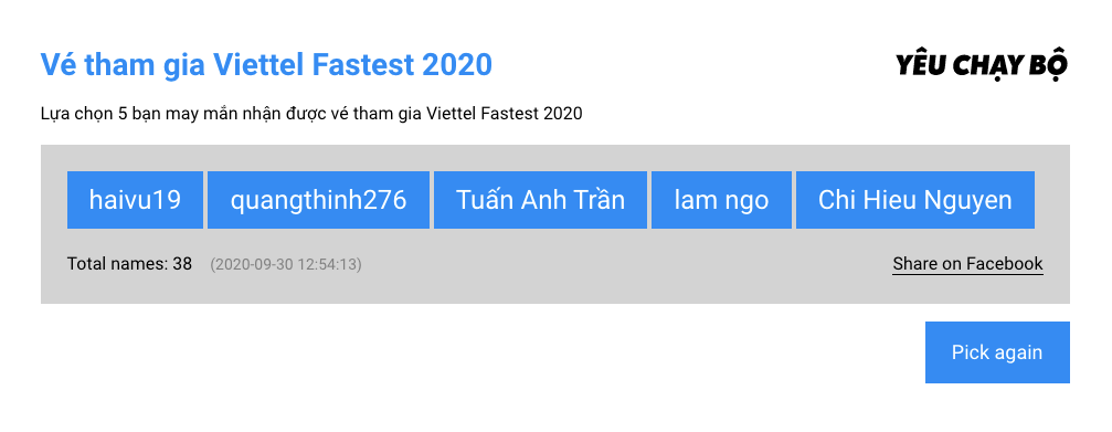 Kết quả chương trình quà tặng vé tham gia Viettel Fastest 2020 - ket qua give away viettel fastest 2020